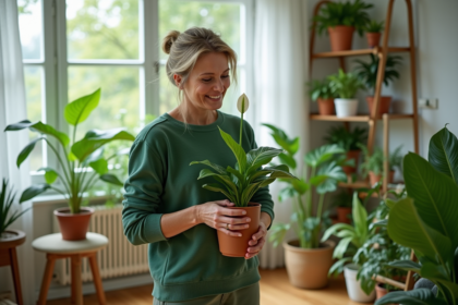 Femme tenant une plante lily dans un salon lumineux