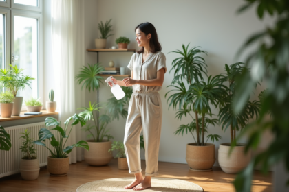 Jeune femme en linen arrosant ses plantes d interieur