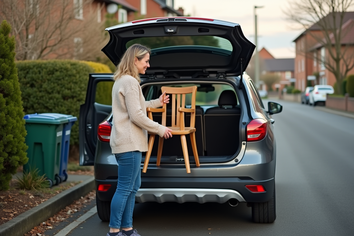 Femme chargant une chaise en bois dans une voiture dans une allée