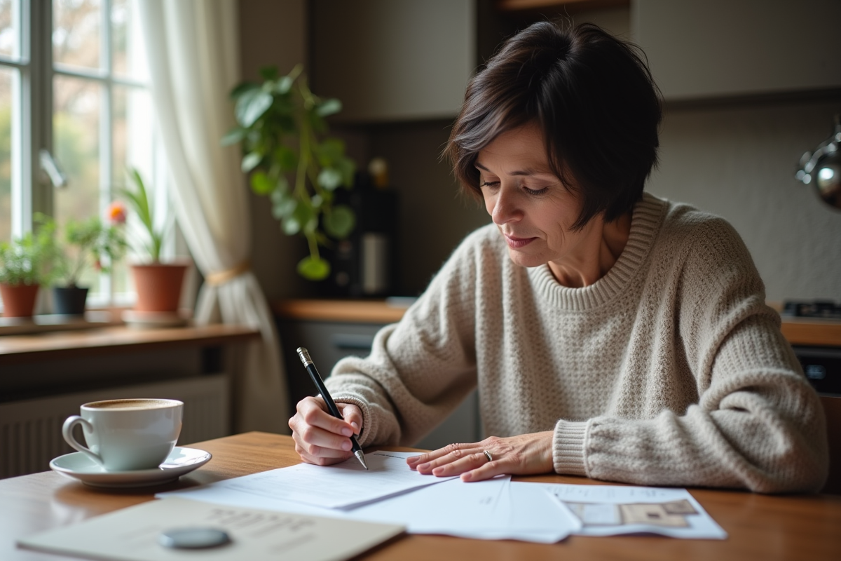 Femme remplissant un formulaire de courrier à la maison