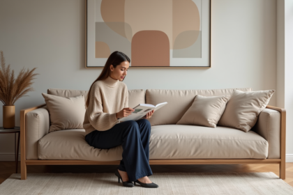 Femme en intérieur moderne avec palette de couleurs 2025