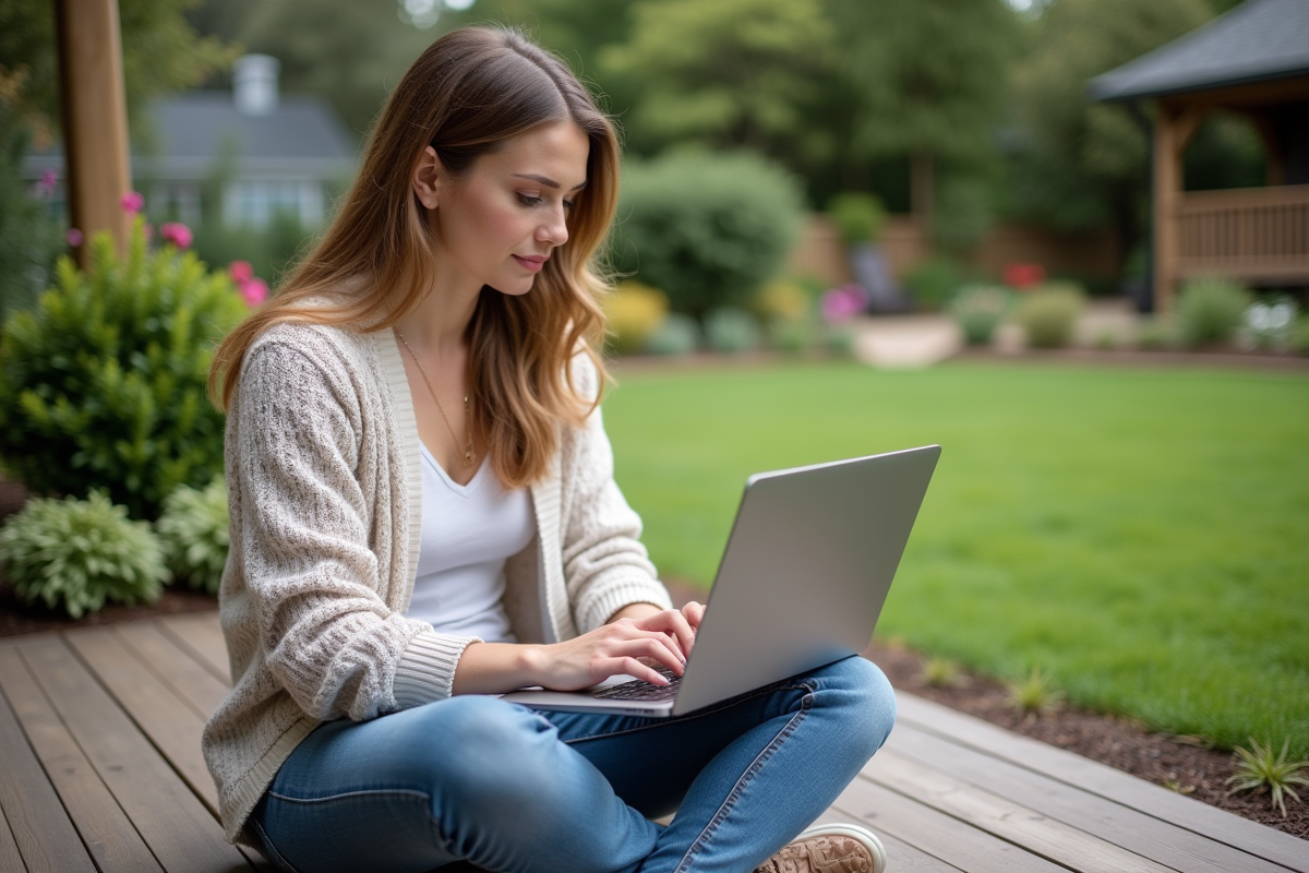 Femme en denim travaillant sur un logiciel de jardinage