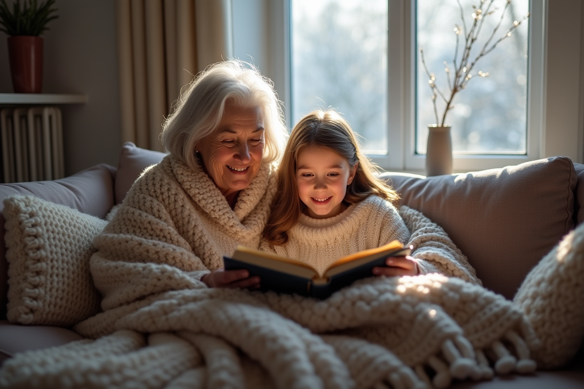 Grand-mère souriante et petite fille lisant ensemble sur le canapé