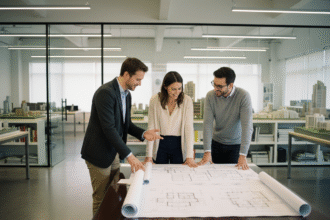 Groupe de professionnels en discussion sur des plans architecturaux