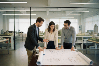 Groupe de professionnels en discussion sur des plans architecturaux