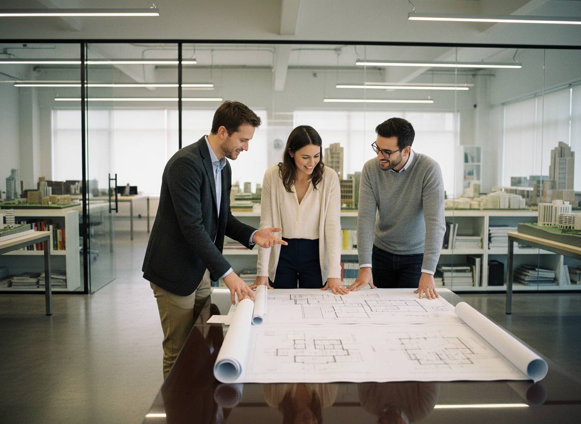 Groupe de professionnels en discussion sur des plans architecturaux