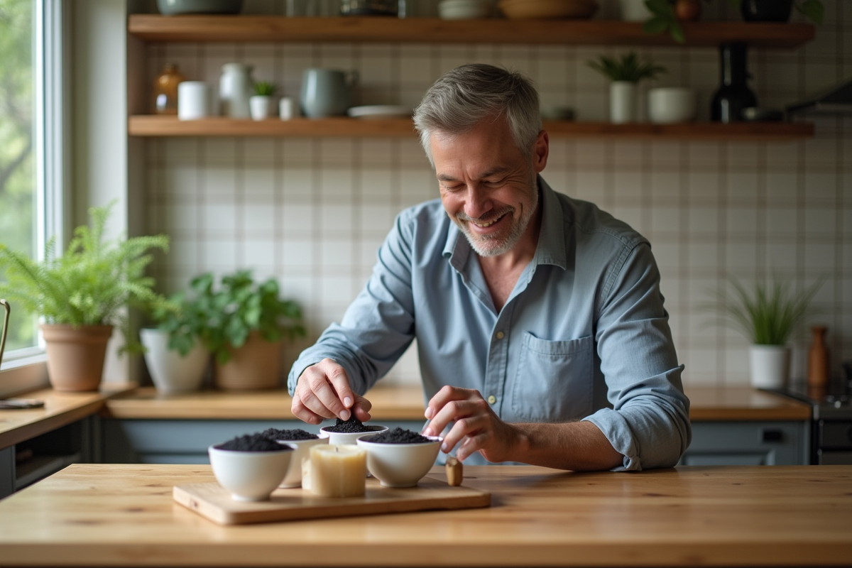 Homme arrangeant bougies et charbon actif dans la cuisine