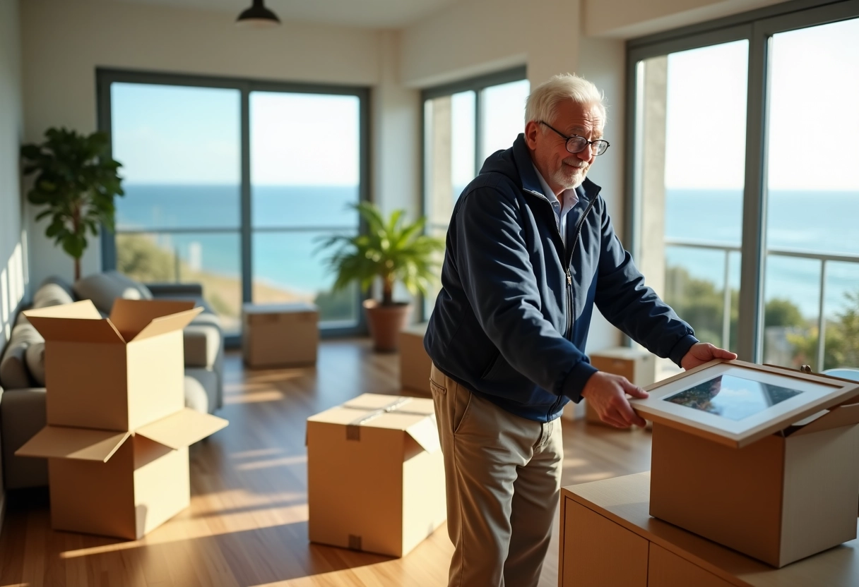 Homme âgé déballant des cartons dans un salon en Finistere