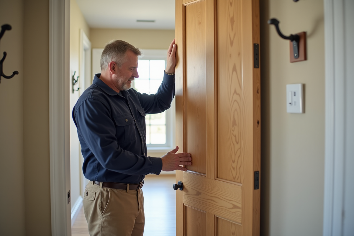 Homme retire une porte en bois dans un couloir lumineux