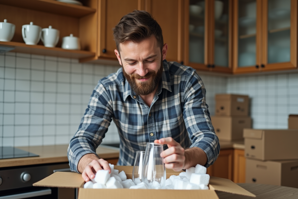 Homme plaçant des verres dans une boîte de déménagement