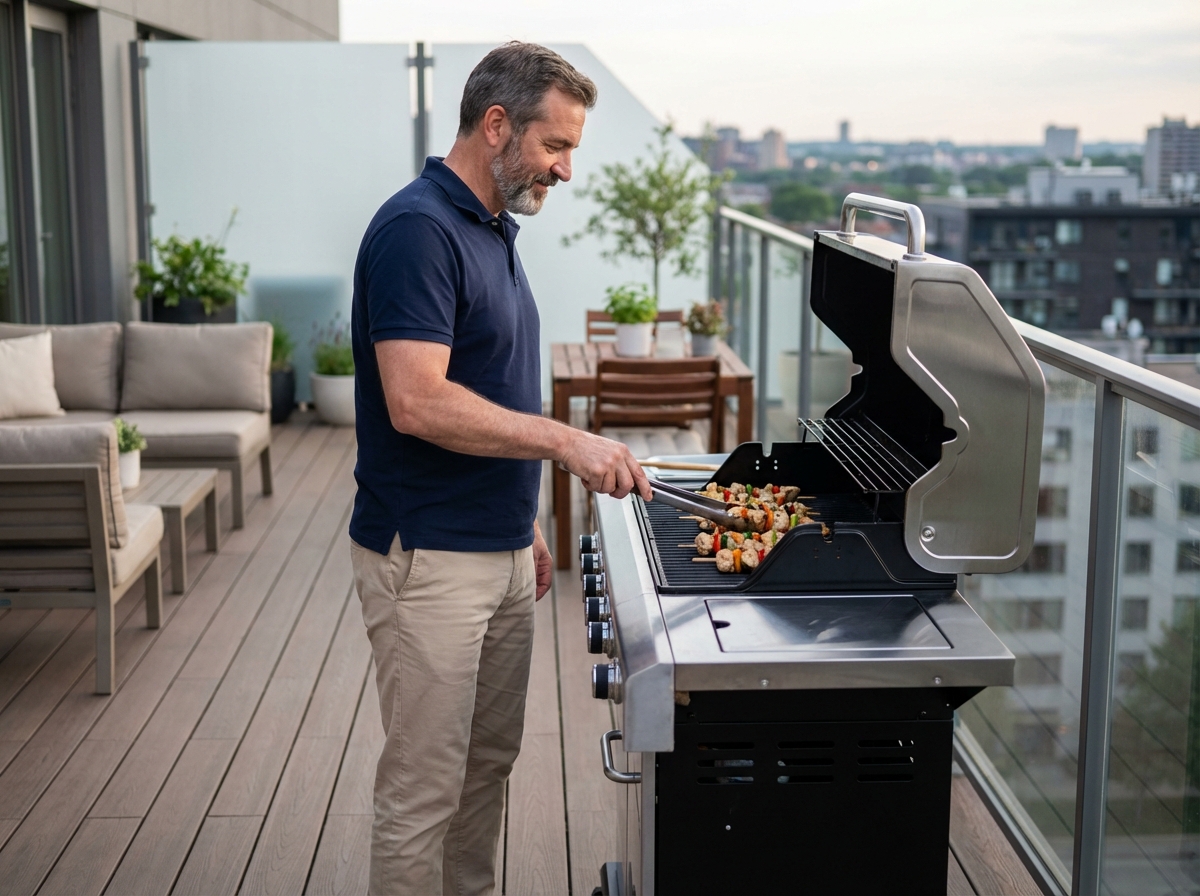 Homme en polo et chinos grillant sur un barbecue moderne en terrasse