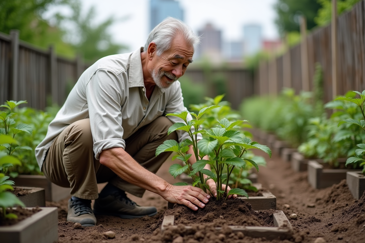 Homme âgé plantant un money tree dans un jardin urbain