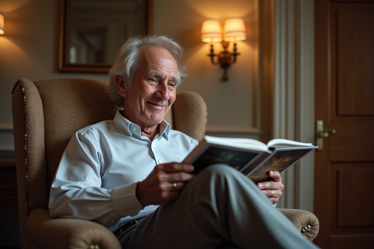 Homme âgé feuilletant un catalogue de luminaires dans un salon élégant