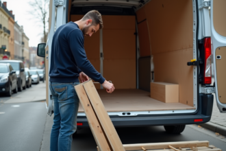 Homme mesurant une structure de lit désassemblée devant une camionnette