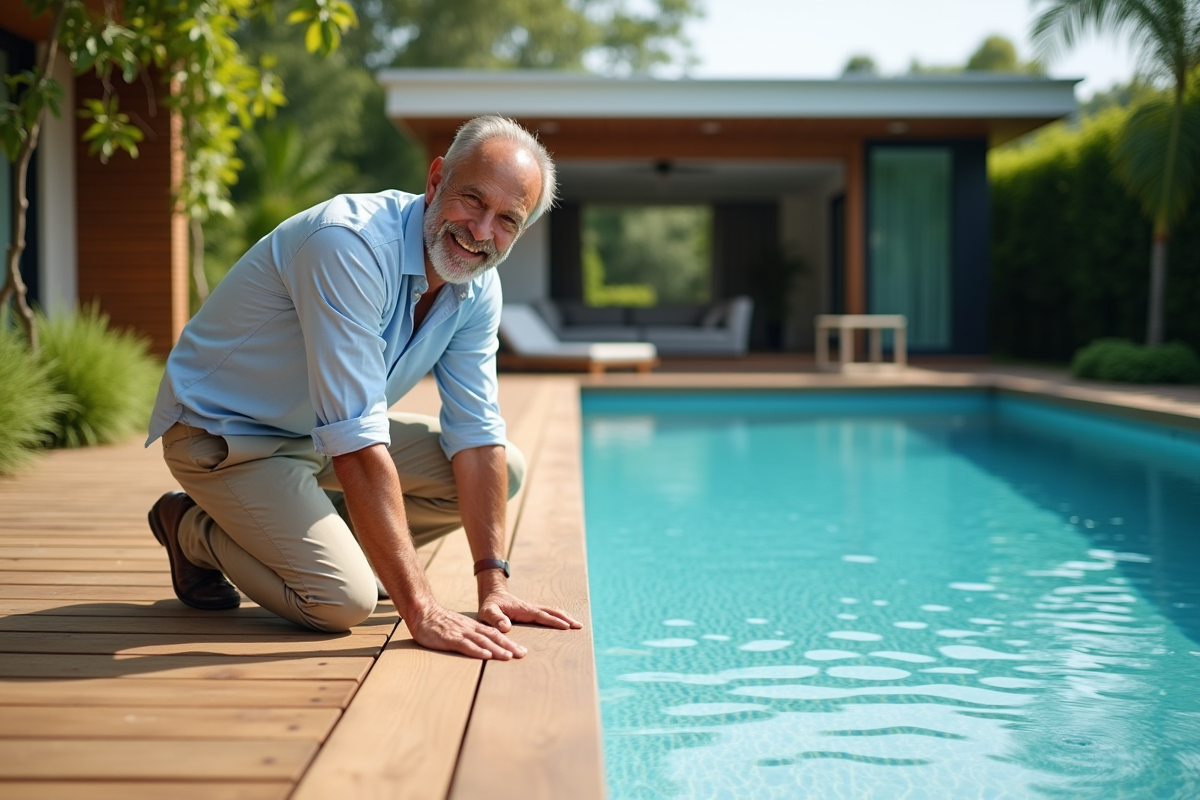 Homme souriant inspectant le bois de la terrasse en bord de piscine