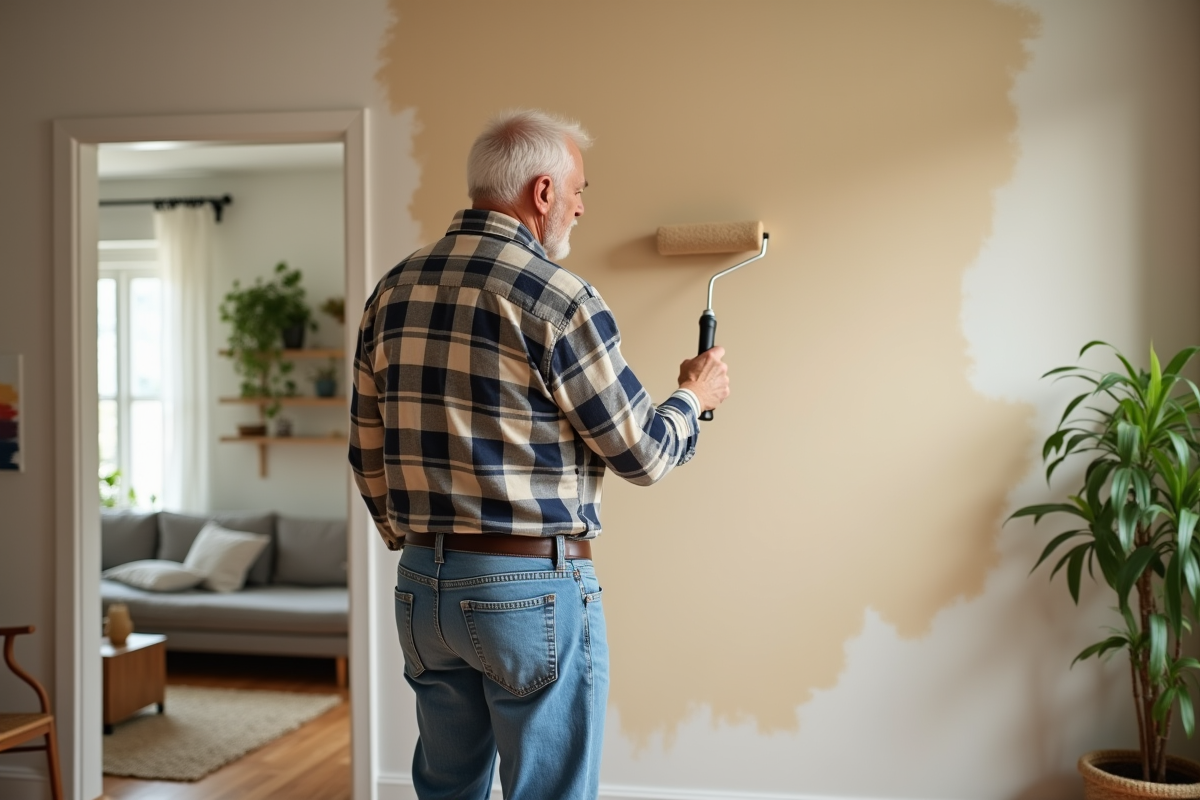 Homme peignant un mur intérieur avec un rouleau beige