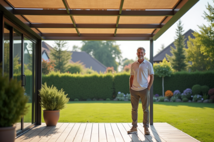 Homme confiant près d'une pergola moderne dans un jardin