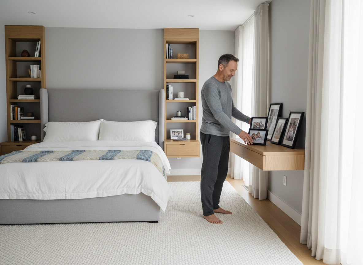 Homme ajustant des photos de famille dans une chambre chaleureuse