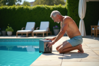 Homme d'âge moyen près d'une piscine extérieure examine un chauffe-eau moderne