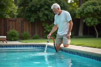 Homme d'âge moyen près d'une piscine dans un jardin