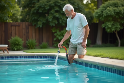 Homme d'âge moyen près d'une piscine dans un jardin