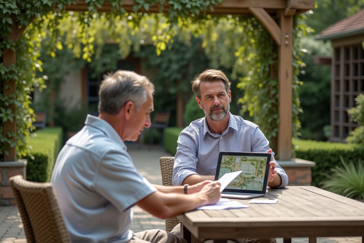 Homme en chemise à carreaux montrant un plan de jardin