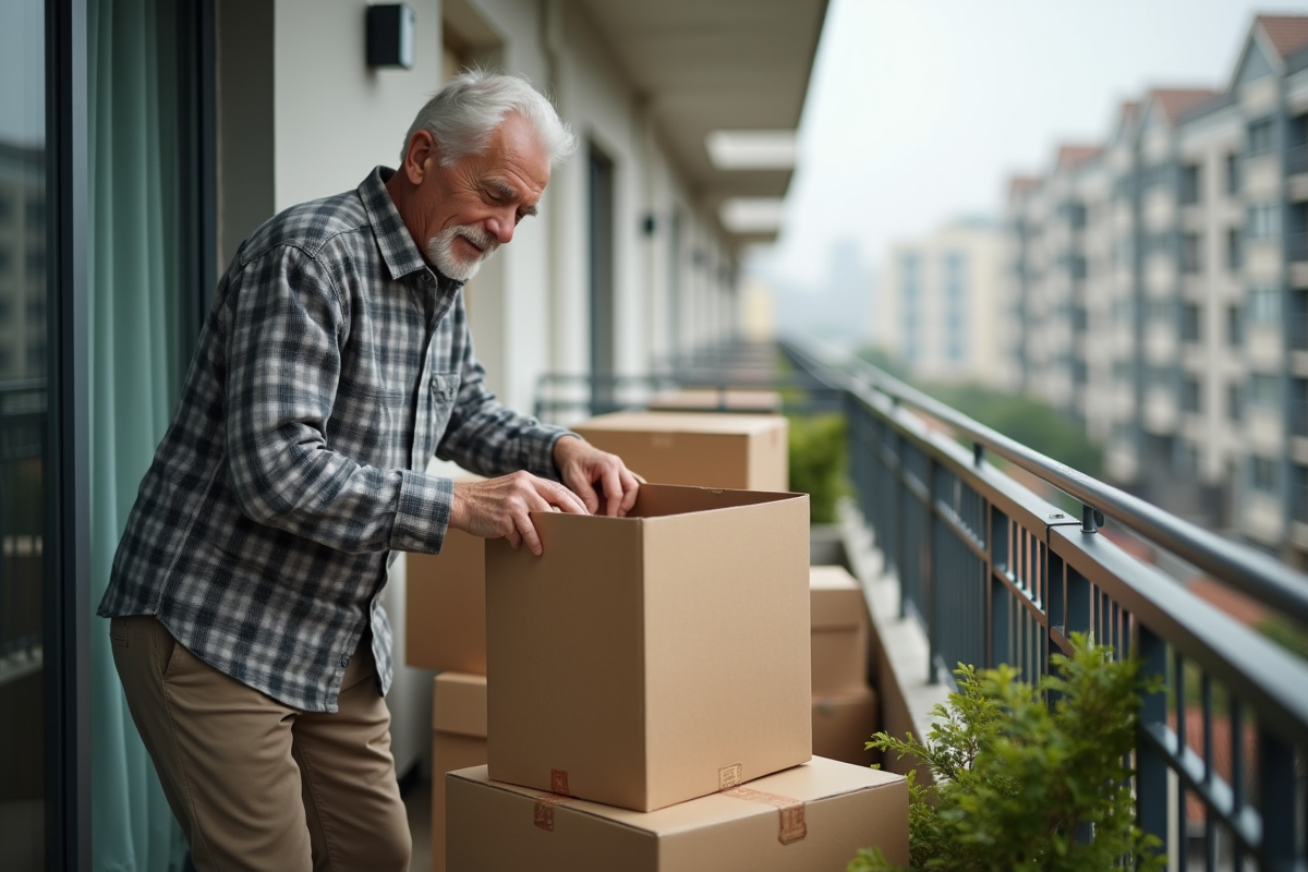 Homme pliant des cartons sur un balcon urbain