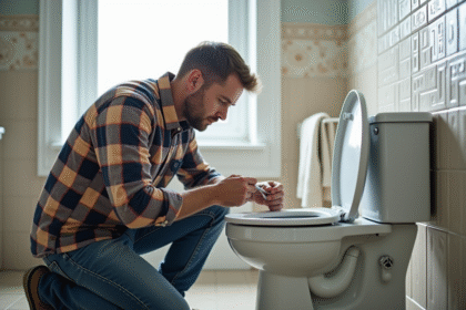 Homme d'âge moyen répare une toilette dans une salle de bain