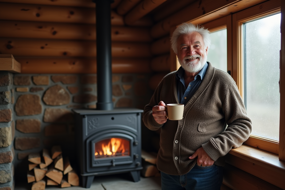 Homme âgé près de la cheminée dans une cabane rustique
