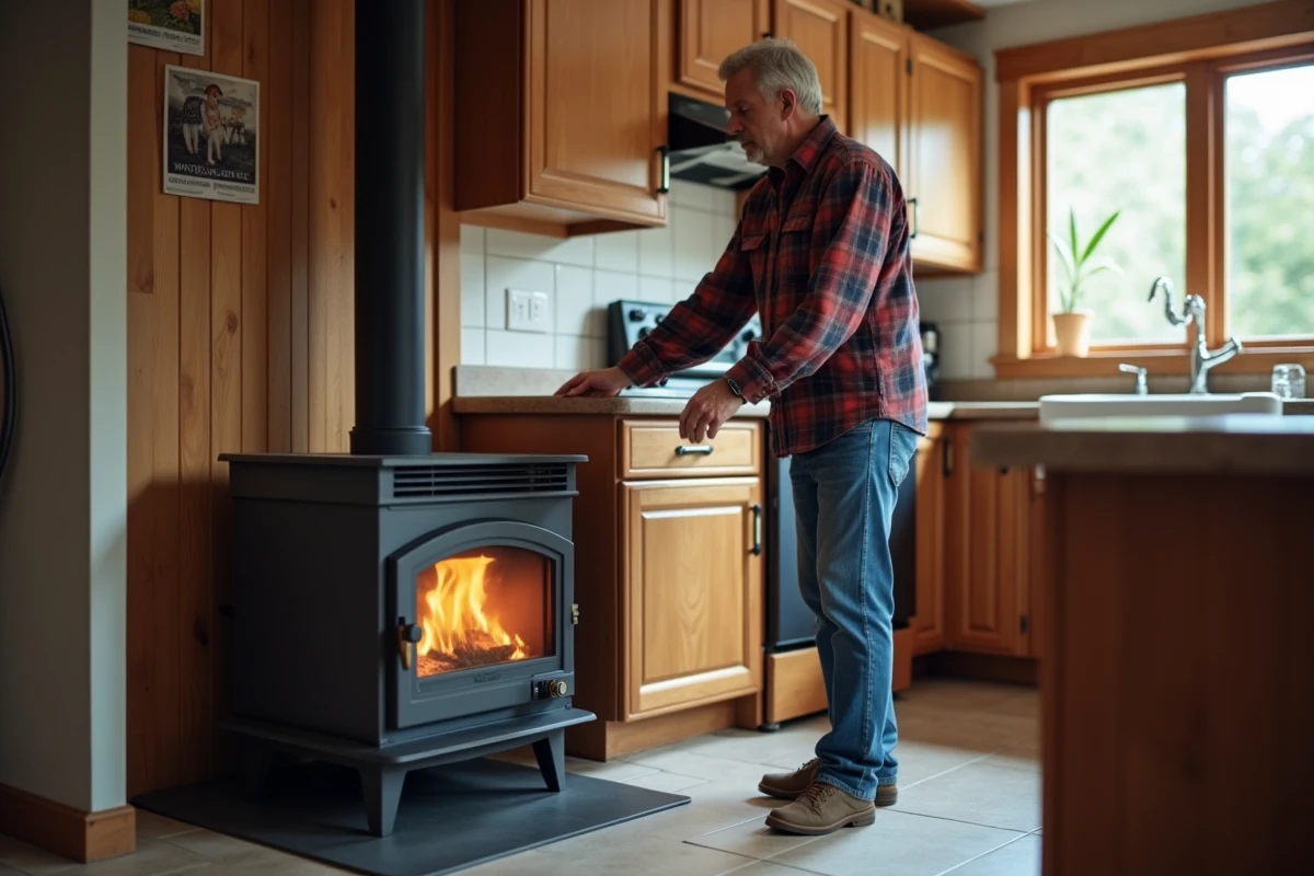 Homme âgé examinant un poêle à pellets dans une cuisine rénovée