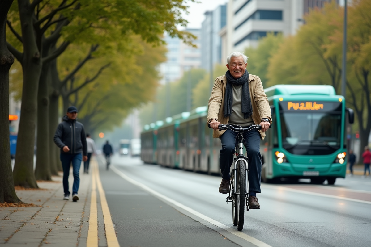 Homme âgé à vélo dans une rue arborée de la ville