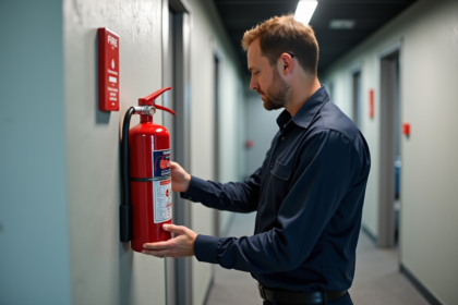 Homme vérifiant le manomètre d'un extincteur rouge dans un couloir