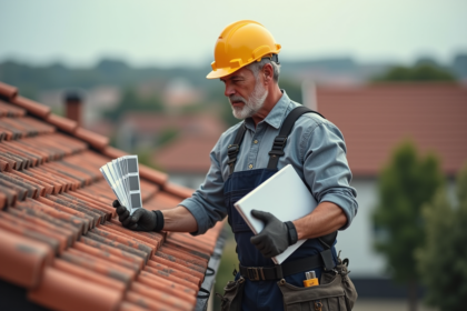 Ouvrier inspectant un toit avec échantillon et manuel
