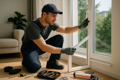 Photo hyperrealiste d'un professionnel installant une fenêtre blanche dans un salon moderne