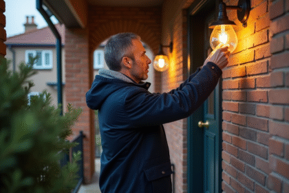 Homme installant une lampe extérieure dans une maison de banlieue