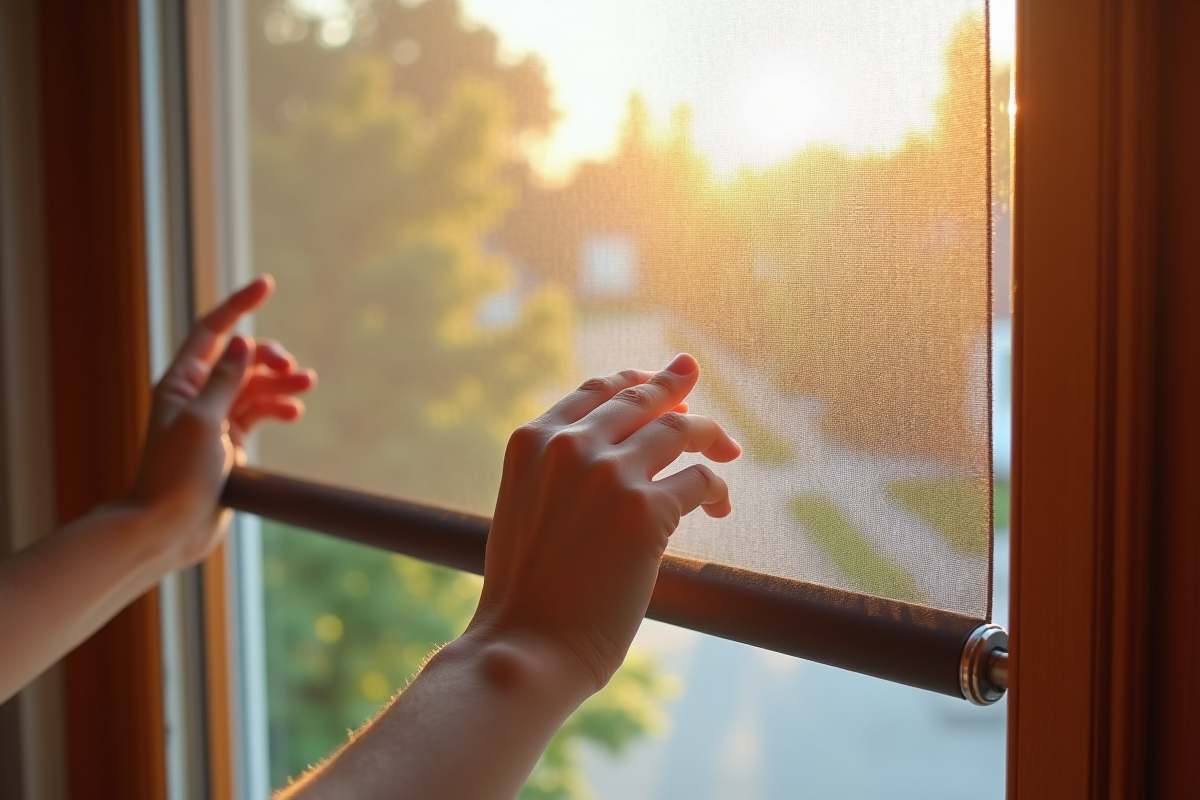 Main installant un écran insecte sur une fenêtre en bois