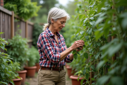 Femme inspectant des feuilles de tomate dans un jardin