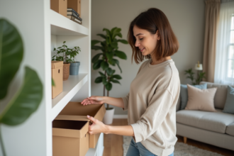 Jeune femme arrangeant des boîtes de rangement dans un salon minimaliste