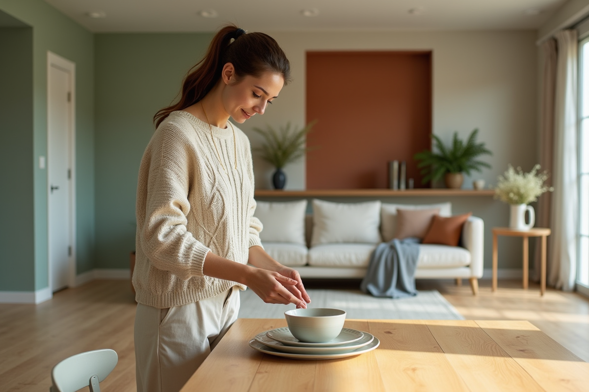 Jeune femme arrangeant des assiettes en céramique dans une salle à manger lumineuse