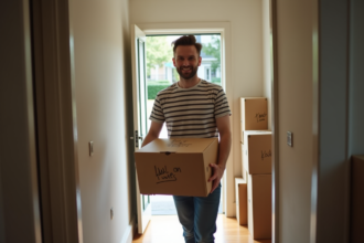 Jeune homme souriant avec carton dans un couloir d'appartement