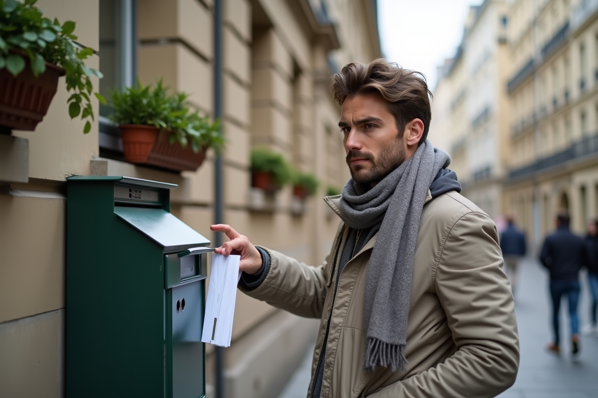 Jeune homme postant des enveloppes dans une boîte aux lettres