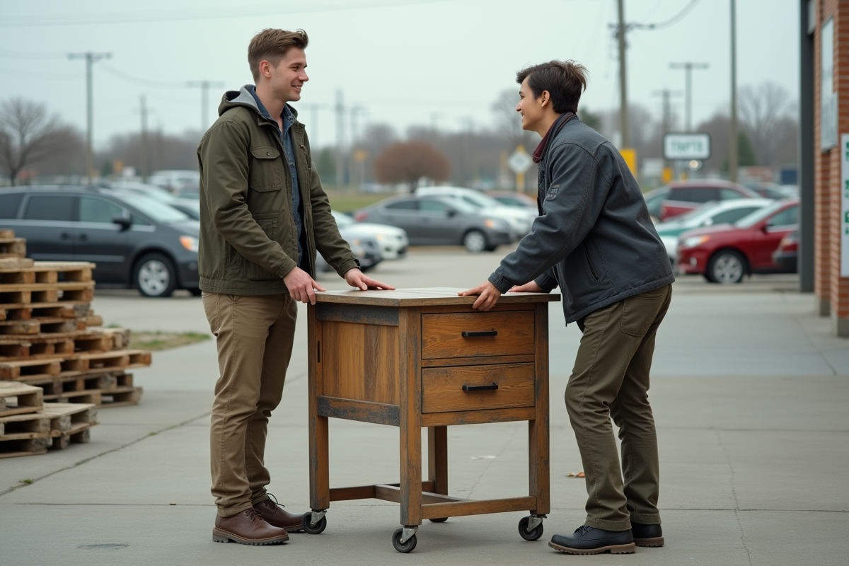 Jeune homme donnant une table vintage à un agent au centre de recyclage