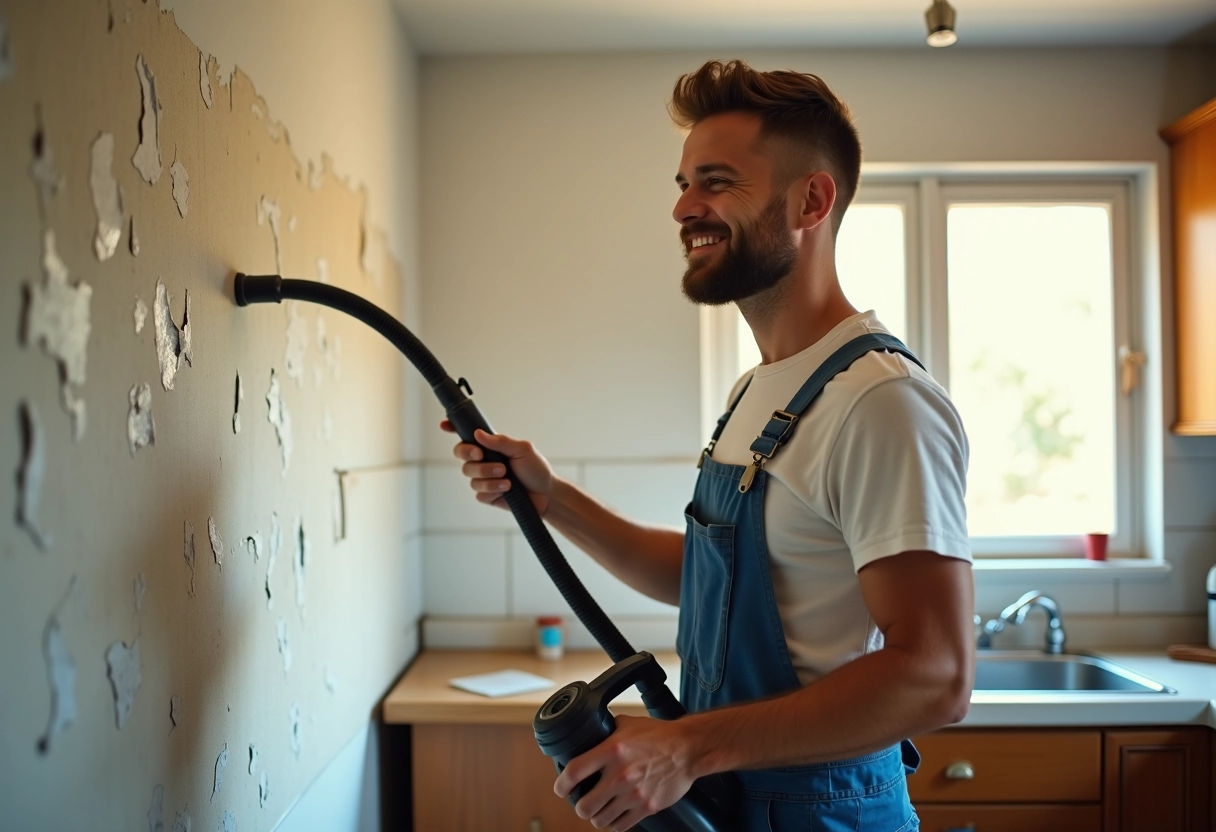 Jeune homme utilisant un steamer pour décoller la peinture