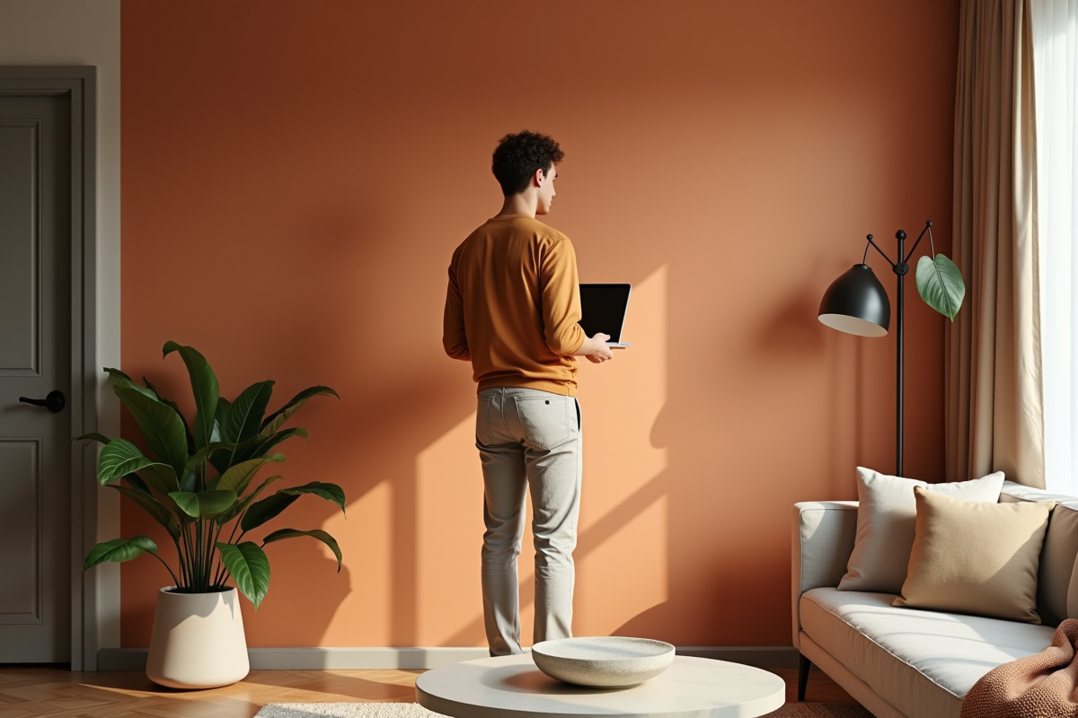 Jeune designer devant mur terracotta dans un appartement lumineux