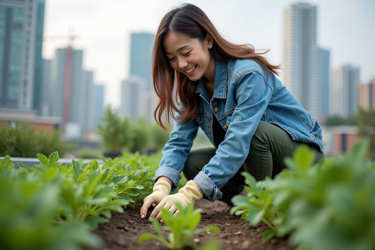 Jeune femme en ville cultivant un jardin sur le toit