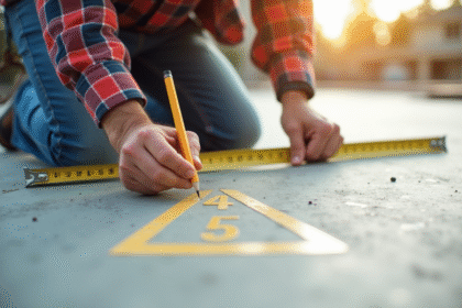 Ouvrier mesurant un angle droit sur une dalle de béton
