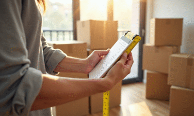 Personne mesurant des cartons empiles dans un salon lumineux