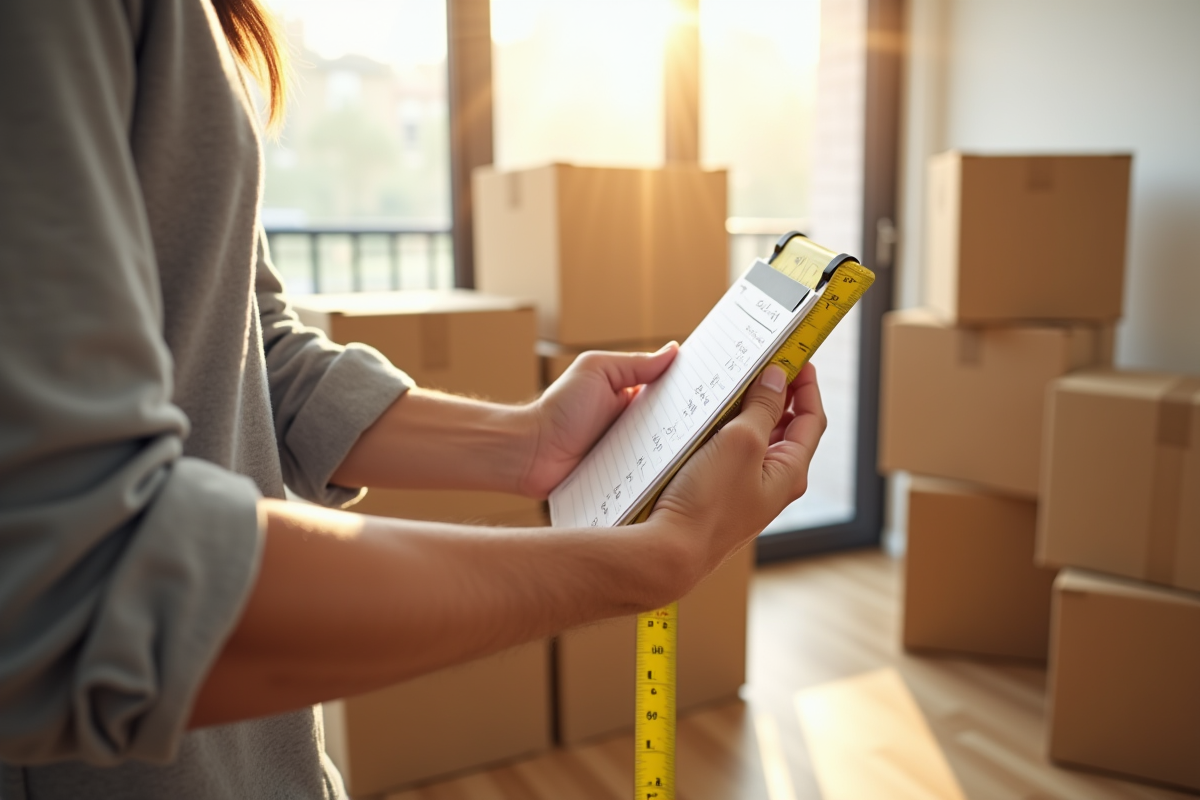 Personne mesurant des cartons empiles dans un salon lumineux