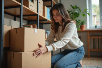 Femme organisant des cartons dans un bureau à domicile