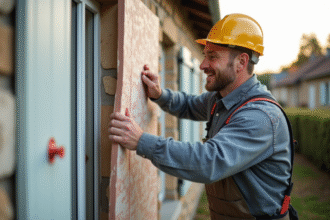 Ouvrier appliquant des panneaux d'isolation sur une maison